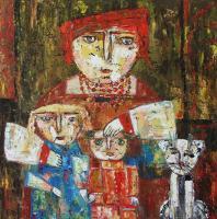 Elin Bogomolnik Gallery - Mammy Children And Cat Oil Painting Bogomolnik - Oil Painting On Canvas
